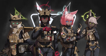 40mm_grenade 4girls absurdres ahoge animal_ear_fluff animal_ears anti-materiel_rifle assault_rifle ballistic_shield barrett_m82 belt benelli_m3 black_gloves black_pants black_shirt black_suit blonde_hair blood bloody_knife bloody_weapon blue_archive blue_eyes blue_halo bullet_hole bulletproof_vest check_commentary commentary commentary_request dog_tags earphones_on_animal_ears english_commentary eotech explosive fingerless_gloves formal_clothes fox_ears fox_girl fox_platoon_(blue_archive) fox_tail furrowed_brow glock gloves glowing glowing_eyes green_eyes grenade grenade_launcher grey_hair grey_tail gun h&amp;k_hk416 h&amp;k_ump halo hand_up handgun handle headphones helmet highres holding holding_gun holding_knife holding_shield holding_weapon holster implied_extra_ears injection knife kurumi_(blue_archive) laser_sight long_hair looking_at_viewer magazine_(weapon) microphone military military_combat_uniform military_uniform milkor_mgl multiple_girls night_vision_device niko_(blue_archive) odi original otogi_(blue_archive) pants pink_hair pliers radio radio_antenna red_dot_sight red_eyes red_gloves red_halo rifle scissors scope shield shirt short_hair shotgun sniper_rifle standing submachine_gun suit tactical_clothes tactical_gloves tail variant_set weapon yellow_eyes yellow_halo yellow_tail yukino_(blue_archive)
