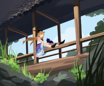 Rule 34 | 1girl, black shoes, blue skirt, bow, bowtie, bridge, closed eyes, day, furahata gen, gourd, grass, grin, hat, hat bow, highres, holding, holding gourd, horns, ibuki suika, long hair, long horns, on railing, oni, ponytail, purple skirt, railing, red bow, red bowtie, rooftop, shirt, shoes, sitting, skirt, sleeveless, sleeveless shirt, smile, touhou, tree, white shirt