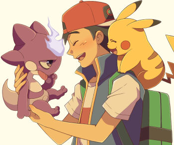 1boy ash_ketchum backwards_hat baseball_cap black_hair blue_jacket closed_eyes cyaneko from_side gen_1_pokemon gen_8_pokemon green_background happy hat jacket male_focus nintendo on_shoulder pikachu pokemon pokemon_(anime) pokemon_(creature) pokemon_journeys pokemon_on_shoulder shirt short_sleeves tongue tongue_out toxel white_background white_shirt