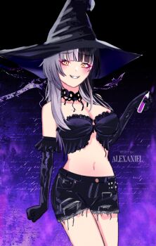 Rule 34 | 1girl, alexaniel, artist name, black choker, black gloves, black hair, black hat, black shorts, breasts, choker, cleavage, elbow gloves, gloves, grey hair, hat, hololive, hololive english, large breasts, looking at viewer, multicolored hair, navel, shiori novella, short shorts, shorts, solo, split-color hair, teeth, two-tone hair, virtual youtuber, witch hat, yellow eyes