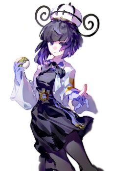 1girl black_bow black_bowtie black_dress black_pantyhose blunt_bangs bob_cut bow bowtie chuanjianhuangjiuneglect cowboy_shot cropped_jacket dress floating_clothes gloves gradient_hair gwynn_(pokemon) highres holding holding_poke_ball inverted_bob jacket looking_at_viewer multicolored_hair nintendo pantyhose parted_lips partially_fingerless_gloves pointing pointing_at_viewer poke_ball pokemon pokemon_legends:_z-a purple_eyes purple_gloves purple_hair solo white_jacket