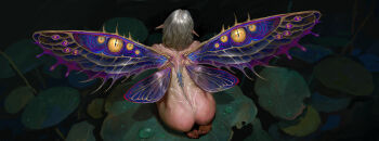1girl absurdres ass barefoot commentary_request dew_drop eye_print fairy fairy_wings from_behind grey_hair highres lily_pad mini_person minigirl original pointy_ears seiza sitting wangdaye water_drop wings