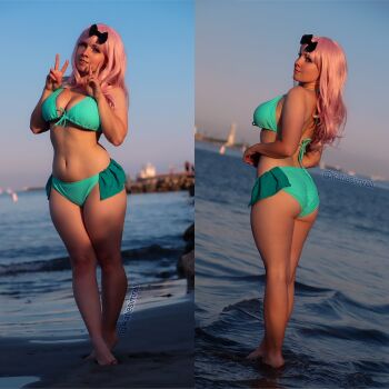 1girl bikini breasts cosplay double_v female_focus fujiwara_chika fujiwara_chika_(cosplay) green_bikini highres kaguya-sama_wa_kokurasetai_~tensai-tachi_no_renai_zunousen~ katiesimrell looking_at_viewer looking_back medium_breasts model photo_(medium) real_life sitting solo swimsuit v