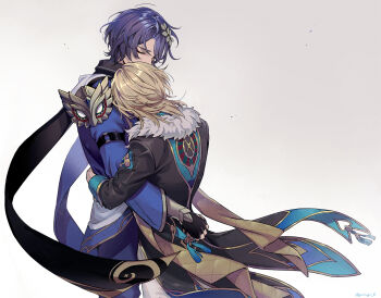 2boys ancient_greek_clothes armor artist_name aventurine_(honkai:_star_rail) black_gloves black_jacket black_shirt blonde_hair blue_pants closed_eyes collared_shirt commentary_request cowboy_shot dr._ratio_(honkai:_star_rail) eyeshadow facing_away fingerless_gloves from_behind fur-trimmed_jacket fur_trim gloves gold_trim greco-roman_clothes hair_between_eyes hair_ornament highres honkai:_star_rail honkai_(series) hug jacket makeup male_focus medium_hair multiple_boys pants parted_bangs pauldrons purple_hair red_eyeshadow shirt short_hair shoulder_armor simple_background single_pauldron sleeve_cuffs standing three-quarter_sleeves twitter_username vambraces white_background white_pants yurugi_(yurugi_h)