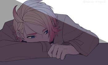 Rule 34 | 1boy, blonde hair, blue eyes, brown jacket, commentary request, gradient hair, highres, jacket, long sleeves, looking to the side, male focus, multicolored hair, nintendo, parted bangs, pink hair, pokemon, pokemon legends: z-a, sanae-aragaki, sideways glance, solo, twitter username, urbain (pokemon)