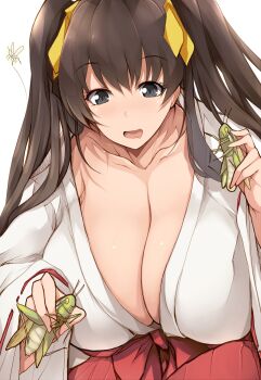 1girl absurdres black_eyes breasts brown_hair bug character_request cleavage collarbone eyelashes female_focus grasshopper highres holding_bug huge_breasts insect japanese_clothes long_hair miko ribbon shiny_skin solo tsukasawa_takamatsu twintails white_background wide_sleeves yellow_eyes yellow_ribbon