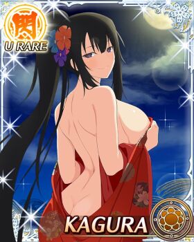 Rule 34 | 1girl, alternate hairstyle, arms up, black eyes, black hair, blue flower, blue pupils, border, breasts, butt crack, card (medium), character name, closed mouth, floral print, floral print kimono, flower, flower-shaped pupils, full moon, game cg, hair flower, hair ornament, high ponytail, japanese clothes, kagura (senran kagura), kimono, large breasts, long hair, looking at viewer, moon, naked kimono, night, official art, orange flower, ponytail, print kimono, purple flower, red kimono, senran kagura, senran kagura new wave, sideboob, smile, solo, symbol-shaped pupils, third-party source, very long hair, wheat field