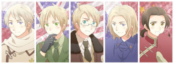 5boys ahoge america_(hetalia) american_flag american_flag_background arrow_(symbol) axis_powers_hetalia belt black_gloves blonde_hair blue_capelet blue_eyes blush border brown_belt brown_coat brown_eyes brown_hair brown_jacket capelet changpao china_(hetalia) chinese_clothes closed_mouth coat collared_capelet collared_coat collared_shirt commentary_request flag_background france_(hetalia) french_flag fur-trimmed_jacket fur_trim glasses gloves green_eyes green_jacket green_necktie green_shirt grey-framed_eyewear hand_on_own_chin hand_up jacket lapels long_hair long_sleeves looking_at_viewer low_ponytail male_focus mandarin_collar medal military_jacket military_uniform multiple_boys necktie open_clothes open_jacket people's_republic_of_china_flag ponytail purple_eyes red_shirt russia_(hetalia) russian_flag scarf semi-rimless_eyewear shirt short_hair smile sora-yomi star_(symbol) star_ornament star_print striped_background teeth union_jack united_kingdom_(hetalia) upper_body white_border white_hair white_scarf white_shirt wide_sleeves wing_collar
