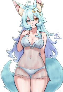 1girl animal_ear_fluff animal_ear_piercing animal_ears aqua_hair blue_eyes bow bow_bra bra breasts cowboy_shot crescent crescent_hair_ornament fera_lune fingernails fox_ears fox_tail full_cleavage hair_between_eyes hair_ornament hand_on_own_chest heterochromia highres lingerie long_fingernails long_hair looking_at_viewer medium_breasts navel negligee original panties rotomdocs signature simple_background smile solo tail thigh_gap twitter_username underwear white_background white_bra white_panties yellow_eyes