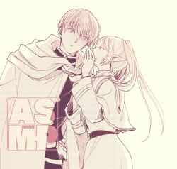 Rule 34 | 1boy, 1girl, cape, capelet, closed mouth, commentary request, dress, earrings, elf, frieren, himmel (sousou no frieren), jacket, jewelry, long hair, long sleeves, looking at another, mikki (asmp), mole, mole under eye, pointy ears, short hair, sousou no frieren, thick eyebrows, twintails, whispering