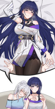 2girls absurdres black_choker black_pantyhose blue_tank_top blush breasts chinese_commentary choker commentary_request couch dress earrings highres honkai_(series) honkai_impact_3rd jewelry kiana_kaslana large_breasts long_hair lying multiple_girls on_back on_bed on_couch pantyhose ponytail purple_eyes purple_hair raiden_mei raiden_mei_(apho) sleeping tank_top very_long_hair white_dress white_hair ying_ling
