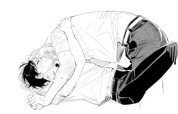 Rule 34 | 2boys, absurdres, arm around back, belt, bite mark, biting, blood, blood on neck, blush, character request, clenched teeth, closed eyes, commentary request, copyright request, greyscale, highres, korean commentary, lying, male focus, midriff peek, monochrome, multiple boys, on back, open mouth, pants, pd honey, shirt, short hair, short sleeves, simple background, tears, teeth, unfinished, white background, yaoi