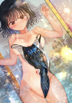 1girl black_hair blunt_bangs blush breasts brown_eyes competition_swimsuit covering_privates embarrassed highres lying medium_breasts nude_cover ogata_tei on_back one-piece_swimsuit one-piece_tan original poolside short_hair signature swimsuit tan tanline wet