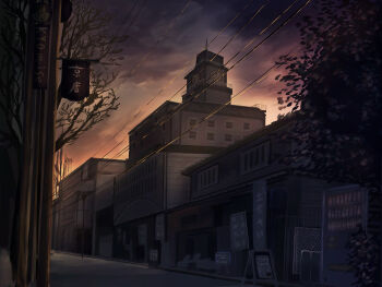 absurdres analog_clock bare_tree building clock clock_tower commentary_request highres navel original outdoors pizza_(pddc8233) power_lines road scenery sign street tower translation_request tree twilight urban vending_machine