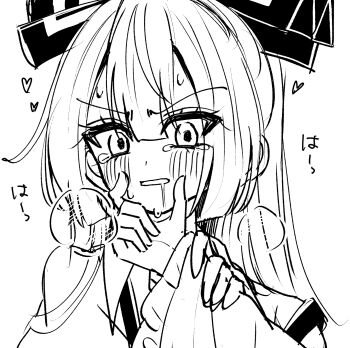 2girls blush bow breath collared_shirt commentary_request drooling female_pov frilled_sleeves frills fujiwara_no_mokou greyscale hair_bow hand_on_another's_chin heart highres houraisan_kaguya looking_at_viewer monochrome multiple_girls pov saliva shirt solo_focus suspenders sweat tamiko_(tamik0224) tearing_up touhou translation_request wide_sleeves yuri