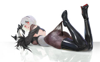 1girl 2b_(nier:automata) absurdres black_boots black_gloves black_hairband boots breasts commentary gloves hairband highres lace lace_pantyhose lace_pantyhose_hooked_on_heel_(meme) large_breasts long_hair lying meme nier:automata nier_(series) on_stomach pantyhose red_eyes reflective_floor solo thigh_boots white_hair world_(1257843324)