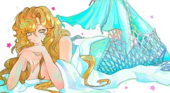 1girl bare_arms bare_shoulders blonde_hair blue_eyes closed_mouth commentary dress english_commentary full_body head_rest koiii_(ichikakoiii) long_hair looking_at_viewer lying mermaid monster_girl off_shoulder on_stomach reverse:1999 scales smile solo star_(symbol) the_pose vila_(reverse:1999) white_background white_dress