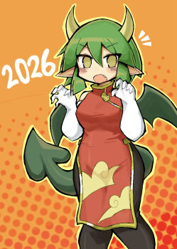 1girl 2026 :o arms_up black_leggings brown_eyes china_dress chinese_clothes claw_pose cloud_print commentary_request cowboy_shot double-parted_bangs draco_centauros dragon_girl dragon_horns dragon_tail dragon_wings dress elbow_gloves fang gloves green_hair hair_between_eyes halftone halftone_background horns kurokogeee leggings looking_at_viewer notice_lines open_mouth orange_background outline pelvic_curtain pointy_ears puyopuyo red_background red_dress short_hair side_slit sleeveless sleeveless_dress solo tail v-shaped_eyebrows white_gloves wings yellow_outline