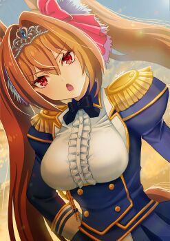 Rule 34 | 1girl, aiguillette, animal ears, black bow, black bowtie, blue jacket, blue sky, blush, bow, bowtie, breasts, brown hair, center frills, cloud, commentary request, daiwa scarlet (peak blue) (umamusume), daiwa scarlet (umamusume), epaulettes, fang, frills, hair between eyes, hair intakes, horse ears, horse girl, horse tail, jacket, large breasts, long hair, long sleeves, looking at viewer, open mouth, otono (bkt4b), red eyes, shirt, sky, solo, tail, tiara, twintails, umamusume, very long hair, white shirt