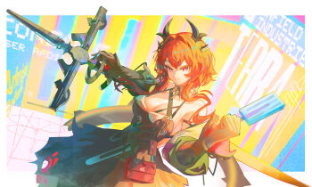 Rule 34 | 1girl, absurdres, arknights, bare shoulders, black dress, black gloves, breasts, cleavage, detached sleeves, dress, food, gloves, highres, holding, holding food, holding popsicle, holding sword, holding weapon, laevatain (arknights), large breasts, long sidelocks, looking at viewer, nikov, popsicle, purple eyes, red hair, short hair, sidelocks, slit pupils, solo, surtr (arknights), sword, weapon