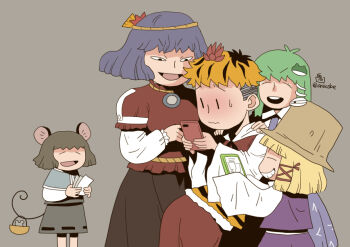 5girls animal_ears basket black_eyes black_skirt blonde_hair brown_hat cellphone closed_eyes closed_mouth commentary_request cowboy_shot frog_hair_ornament green_hair grey_background grey_hair grey_skirt grey_vest grin hair_ornament hat holding holding_basket holding_phone holding_with_tail kochiya_sanae layered_sleeves leaf_hair_ornament long_hair long_sleeves looking_at_another moriya_suwako mouse_(animal) mouse_ears mouse_girl mouse_tail multiple_girls nazrin onikobe_rin open_mouth phone prehensile_tail purple_skirt purple_vest red_shirt rope shirt short_hair short_over_long_sleeves short_sleeves simple_background skirt skirt_set smartphone smile snake_hair_ornament tail toramaru_shou touhou vest white_shirt yasaka_kanako |_|