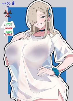1girl asuna_(blue_archive) black_bra blonde_hair blue_archive blue_eyes bra breasts choker collarbone commentary english_commentary grin hair_over_one_eye hair_ribbon hand_on_own_hip highres kuraido_(kuraid_draw) large_breasts long_hair multiple_drawing_challenge navel ribbon scrunchie see-through_clothes see-through_shirt shirt shirt_cut_meme smile solo thighs underwear very_long_hair white_shirt wrist_scrunchie