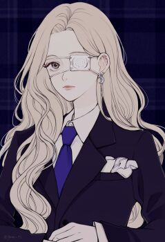 1girl black_eyeliner black_jacket blonde_hair blue_necktie closed_mouth collared_shirt commentary_request earrings eyeliner eyepatch highres jacket jewelry jinsoul korean_commentary long_hair loona_(group) makeup necktie real_life shirt solo twitter_username upper_body white_shirt yori_(yooo_ri)