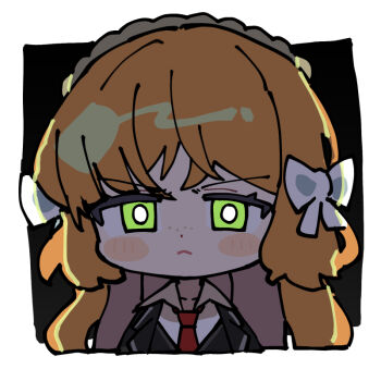 1girl black_jacket black_vest blush bow brown_hairband closed_mouth collared_shirt freckles green_eyes hair_bow hairband ishmael_(project_moon) jacket lapels limbus_company long_hair necktie notched_lapels orange_hair pinch_(nesume) project_moon red_necktie rope shirt solo upper_body very_long_hair vest white_bow white_shirt