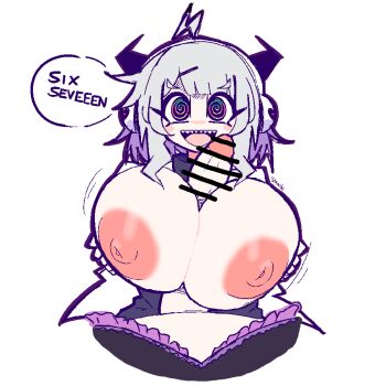 1futa 1girl 67_(meme) @_@ ahoge black_sweater breasts dress english_text futanari hair_ornament hairclip headphones horned_headphones huge_breasts jacket jaggy_lines large_penis lightning_ahoge looking_at_viewer motion_lines nipples open_clothes open_jacket open_mouth paizuri penis pov q-chan_(yunyun_denpa_syndrome) sharp_teeth shinitai_please short_hair simple_background smile solo_focus speech_bubble straight-on sweater teeth turtleneck turtleneck_sweater white_background white_hair white_jacket yunyun_(yunyun_denpa_syndrome) yunyun_denpa_syndrome