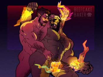 2boys anal bara beard beard_stubble beefcake_bakery colored_skin couple cum ejaculating_while_penetrated ejaculation elf erection facial_hair fire from_side full_beard green_skin hairy happy_sex highres interspecies large_pectorals male_focus male_penetrated mature_male monster_boy multiple_boys muscular muscular_male muscular_uke mustache navel navel_hair nipples orc original pectorals pointy_ears profile pyrokinesis sex short_hair sparse_chest_hair stubble sweat thick_beard thick_mustache tusks uncensored white_hair yaoi