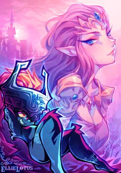 2girls armor blue_eyes breasts brown_hair castle circlet cleavage colored_sclera colored_skin ellie_lotus fang half-closed_eyes helmet highres long_hair midna multicolored_skin multiple_girls nintendo one_eye_covered orange_hair pointy_ears princess_zelda red_eyes shortstack shoulder_armor sidelocks smile solo the_legend_of_zelda the_legend_of_zelda:_twilight_princess two-tone_skin yellow_sclera