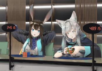2girls amiya_(arknights) animal_ears arknights arms_behind_head ascot black_cape black_jacket blue_ascot blue_collar blue_eyes bracelet brown_hair cape cat_ears cat_girl clothes_writing collar female_focus green_eyes grey_hair highres holding_cube indoors jacket jewelry long_sleeves multiple_girls neck_ring open_clothes open_jacket open_mouth rabbit_ears rabbit_girl rosmontis_(arknights) rubik's_cube shirt timer upper_body welt_(kinsei_koutenkyoku) white_shirt