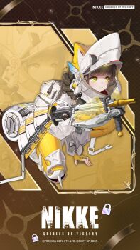 1girl :3 audible_speech backpack bag black_shorts braid brown_hair chime_(nikke) closed_mouth commentary dot_nose english_commentary fingerless_gloves gloves goddess_of_victory:_nikke green_eyes gun helmet high_heels highres holding holding_gun holding_weapon jacket japanese_audio knee_pads long_hair long_sleeves official_art shoes shorts single_knee_pad smile solo sound sweater_vest thick_eyebrows thighhighs twin_braids watermark weapon white_bag white_jacket white_shoes white_sweater_vest yellow_gloves yellow_thighhighs