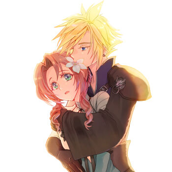 1boy 1girl aerith_gainsborough aerith_gainsborough_(garb_of_the_possessed) armor bandaged_arm bandaged_neck bandages black_sleeves blonde_hair blue_eyes blue_sleeves braid braided_hair_rings brown_hair cloud_strife cosplay couple earrings fenrir_(final_fantasy) final_fantasy final_fantasy_vii final_fantasy_vii:_advent_children final_fantasy_vii:_ever_crisis flower green_eyes hair_flower hair_ornament hair_rings hetero highres hug hug_from_behind jewelry kaine_(nier) kaine_(nier)_(cosplay) long_hair official_alternate_costume official_alternate_hairstyle parted_bangs parted_lips pauldrons protecting short_hair shoulder_armor sidelocks single_earring single_pauldron single_sleeve spiked_hair swept_bangs upper_body white_background white_flower yahokichi_ma