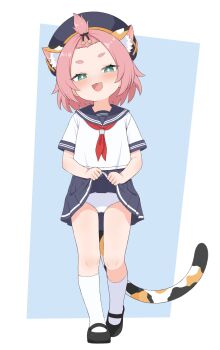 1girl absurdres animal_ear_fluff animal_ears cat_ears cat_girl cat_tail clothes_lift commission diona_(genshin_impact) genshin_impact green_eyes hat highres lifting_own_clothes loli open_mouth panties pink_hair pixiv_commission school_uniform serafuku shoes short_hair skirt skirt_lift socks solo tail tooteki underwear white_panties white_socks