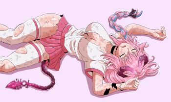 1girl absurdres artist_request braid breasts cleavage defeat dragon_girl dragon_horns dragon_tail female_focus highres horns indie_virtual_youtuber irelyth_(vtuber) peril pink_hair ryona school_uniform sleeping solo tail thighhighs torn_clothes unconscious virtual_youtuber