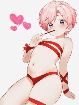 1boy bulge food food_in_mouth heart highres indie_virtual_youtuber male_focus naked_ribbon pink_hair pocky purple_eyes ribbon shota solo valentine virtual_youtuber yuutocola yuutocola_(artist)