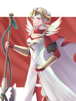 Rule 34 | 1girl, axe, battle axe, blush, breasts, cape, cleavage, closed mouth, double bun, dress, edelgard von hresvelg, edelgard von hresvelg (adrestian emperor), edelgard von hresvelg (adrestian emperor) (resplendent), edelgard von hresvelg (timeskip), fake horns, feather trim, feathers, fingerless gloves, fire emblem, fire emblem: three houses, fire emblem heroes, gloves, hair bun, hair ornament, headpiece, highres, holding, holding axe, horned headwear, horned tiara, horns, looking at viewer, medium breasts, nintendo, official alternate costume, pantyhose, purple eyes, red cape, red gloves, red pantyhose, riou (pooh920), solo, tiara, two-sided cape, two-sided fabric, weapon, white dress, white hair