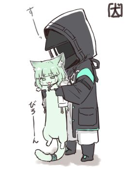 1other akanotanin13 animal animalization arknights black_jacket cat commentary_request doctor_(arknights) full_body green_cat green_eyes green_hair harmonie_(arknights) highres holding holding_animal holding_cat hood hood_up hooded_jacket jacket long_sleeves longcat_(meme) meme open_mouth other_focus signature standing translation_request white_background