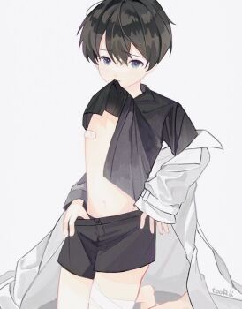 1boy black_eyes black_hair black_shirt black_shorts borrowed_clothes clothes_in_mouth coat coat_partially_removed collared_shirt cosplay hair_between_eyes kim_dokja kim_dokja_(cosplay) looking_at_viewer male_focus mouth_hold oldest_dream omniscient_reader&#039;s_viewpoint open_clothes open_coat shirt shirt_in_mouth short_hair shorts shota solo tooruruuu undressing white_coat