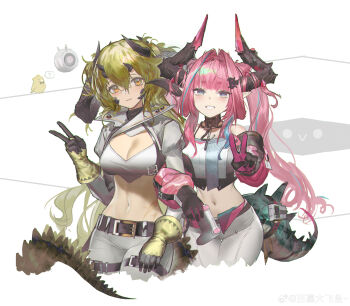 2girls ? absurdres arknights arknights:_endfield baimudafeiyu bare_shoulders belt bird black_gloves blue_eyes blue_hair breasts cleavage cleavage_cutout clothing_cutout commentary_request controller estelle_(arknights) game_controller gloves green_hair grin hair_intakes highres holding holding_controller holding_game_controller horns long_hair long_sleeves looking_at_viewer material_growth medium_breasts multicolored_hair multiple_girls navel oripathy_lesion_(arknights) pants pink_hair pointy_ears robot scales scar scar_on_face simple_background smile spoken_question_mark streaked_hair tail twintails v very_long_hair watermark weibo_watermark white_background white_pants yellow_eyes yvonne_(arknights)