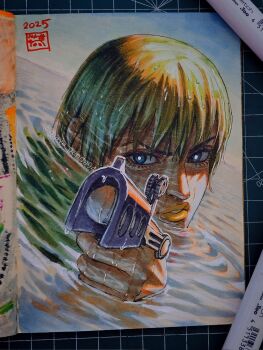 1girl 2025 aiming aiming_at_viewer art_tools_in_frame blonde_hair blue_eyes commentary finger_gun foo_fighters_(jojo) gun handgun highres holding holding_gun holding_weapon jojo_no_kimyou_na_bouken looking_at_viewer male_focus marker_(medium) maya_panda orange_lips partially_submerged photo_(medium) short_hair signature solo stone_ocean traditional_media water weapon wet wet_hair