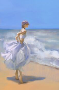 1girl barefoot beach blue_sky canvas_texture chainsaw_man choker closed_mouth eulbhitomi faux_traditional_media full_body hashtag-only_commentary highres looking_at_viewer midriff ocean outdoors purple_hair reze_(chainsaw_man) shirt shore short_hair skirt sky solo tiptoes white_shirt white_skirt wide_shot