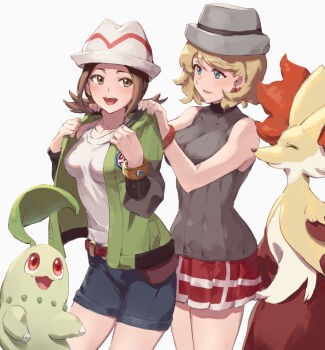 2girls :d absurdres behind_another belt blonde_hair blue_eyes blue_shorts breasts brown_hair chikorita delphox earrings gen_2_pokemon gen_6_pokemon green_jacket grey_shirt harmony_(pokemon) hat highres in-franchise_crossover jacket jewelry jojobirdz medium_breasts miniskirt multiple_girls nintendo open_mouth pokemon pokemon_(anime) pokemon_(creature) pokemon_journeys pokemon_legends:_z-a putting_on_jacket red_skirt serena_(pokemon) shirt short_hair shorts skirt sleeveless sleeveless_shirt smile tank_top white_background white_hat white_tank_top yellow_eyes