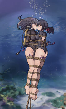 1girl absurdres air_bubble artist_name asphyxiation ass back_cutout bare_legs barefoot bdsm black_hair bodysuit bondage bound breasts bubble clothing_cutout commission dated diving_suit drowning full_body green_eyes highleg highres long_hair long_sleeves looking_at_another medium_breasts nero_augustus ocean seafloor original oxygen_tank peril pixiv_commission predicament_bondage rebreather restrained sex_toy sharing_oxigen shibari small_breasts solo turtleneck underwater vibrator wetsuit