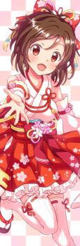 1girl absurdres bow bowtie brown_hair commentary_request detached_sleeves domyoji_karin fevri highres idolmaster idolmaster_cinderella_girls idolmaster_cinderella_girls_starlight_stage japanese_clothes nontraditional_miko open_mouth reaching red_eyes ribbon-trimmed_thighhighs ribbon_trim short_hair smile tassel thighhighs white_thighhighs