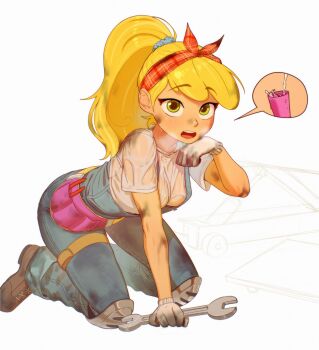 1girl absurdres all_fours arm_support blonde_hair blush boots breasts breath brown_boots denim dirty female_focus full_body gloves goldie_(goldieblox) goldieblox green_eyes hair_ornament hair_scrunchie hairband highres kassitta knee_pads lace-up_boots looking_at_viewer mechanic medium_breasts open_mouth overalls pliers ponytail scrunchie see-through_clothes see-through_shirt shirt simple_background solo speech_bubble sweat t-shirt thigh_strap thought_bubble tool_belt tools wet wet_clothes wet_shirt white_gloves wrench