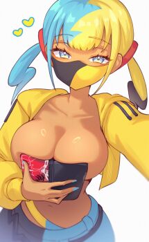 1girl absurdres aqua_hair black_mask black_pants blonde_hair blue_eyes blue_nails blue_pants boobs_in_book_(meme) breasts canari_(pokemon) cleavage dark-skinned_female dark_skin handheld_game_console heart highres jacket large_breasts long_sleeves looking_at_viewer mask meme mouth_mask multicolored_hair navel nintendo nintendo_3ds open_clothes open_jacket pants pokemon pokemon_legends:_z-a sher_(imnotsher) short_twintails solo split-color_hair stomach twintails two-tone_hair two-tone_mask yellow_jacket yellow_mask