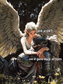 1boy 1girl angel_wings armor blood breastplate character_request copyright_request english_text feathered_wings flower full_armor helm helmet highres jewelry knight necklace sam_yang white_hair wings