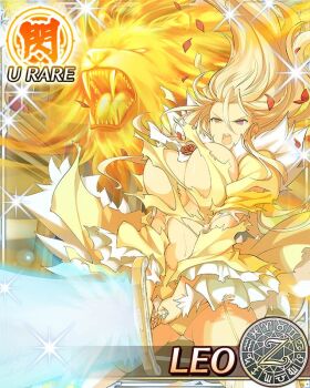 1girl aquarius_(symbol) aries_(symbol) ass aura blonde_hair border breasts brooch cancer_(symbol) capricorn_(symbol) card_(medium) character_name cleavage dodecagram dress energy energy_sword exploding_clothes flower flower_brooch fur_collar garter_straps gemini_(symbol) gluteal_fold greatsword hair_between_eyes holding holding_sword holding_weapon jewelry large_breasts lens_flare leo_(senran_kagura) leo_(symbol) libra_(symbol) light_particles linea_alba lion long_hair looking_at_viewer navel official_art open_mouth panties petals pisces_(symbol) purple_eyes red_petals rose sagittarius_(symbol) school_emblem scorpio_(symbol) senran_kagura senran_kagura_new_wave shiny_skin solo sparkle stairs standing stone_stairs sword taurus_(symbol) thighhighs torn_clothes torn_dress torn_sleeves underboob underwear very_long_hair virgo_(symbol) weapon white_thighhighs yellow_dress yellow_panties zodiac_wheel